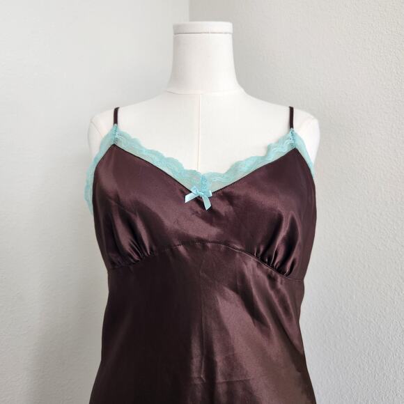 Gilligan & O’Malley Chocolate Brown Satin Slip Dress Blue Lace Trim XL - Picture 2 of 7
